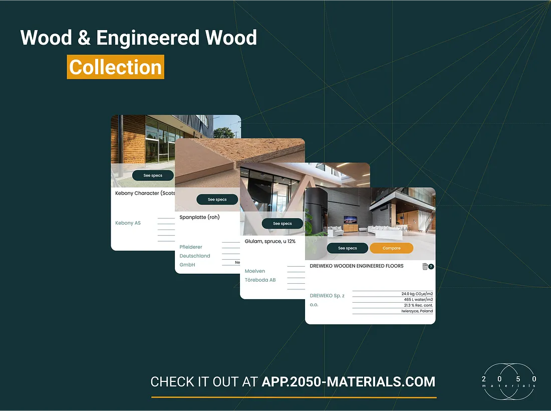 Curated collection of wood and engineered wood products on 2050 Materials Platform