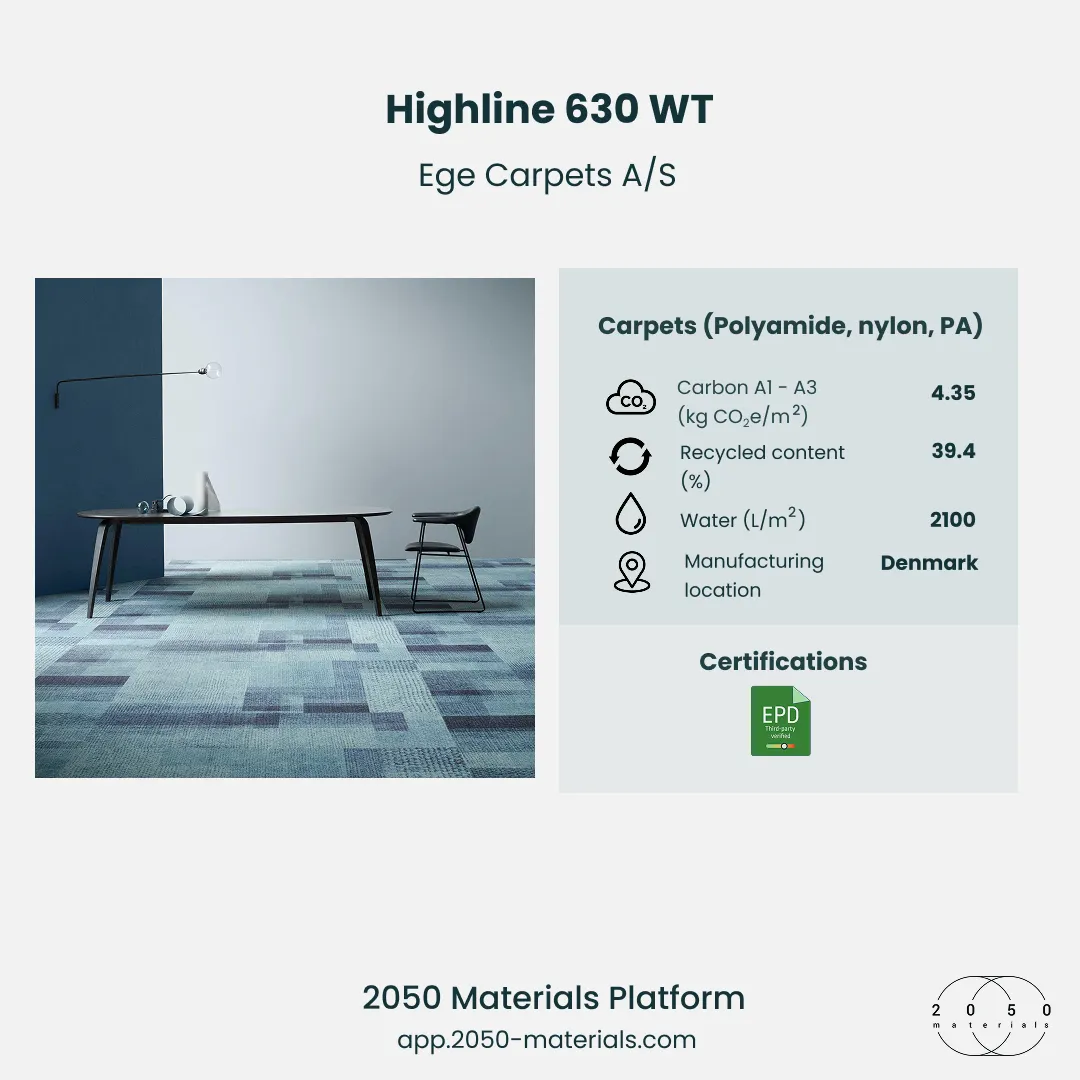 Highline 630 WT carpet solution with sustainable performance on 2050 Materials Platform