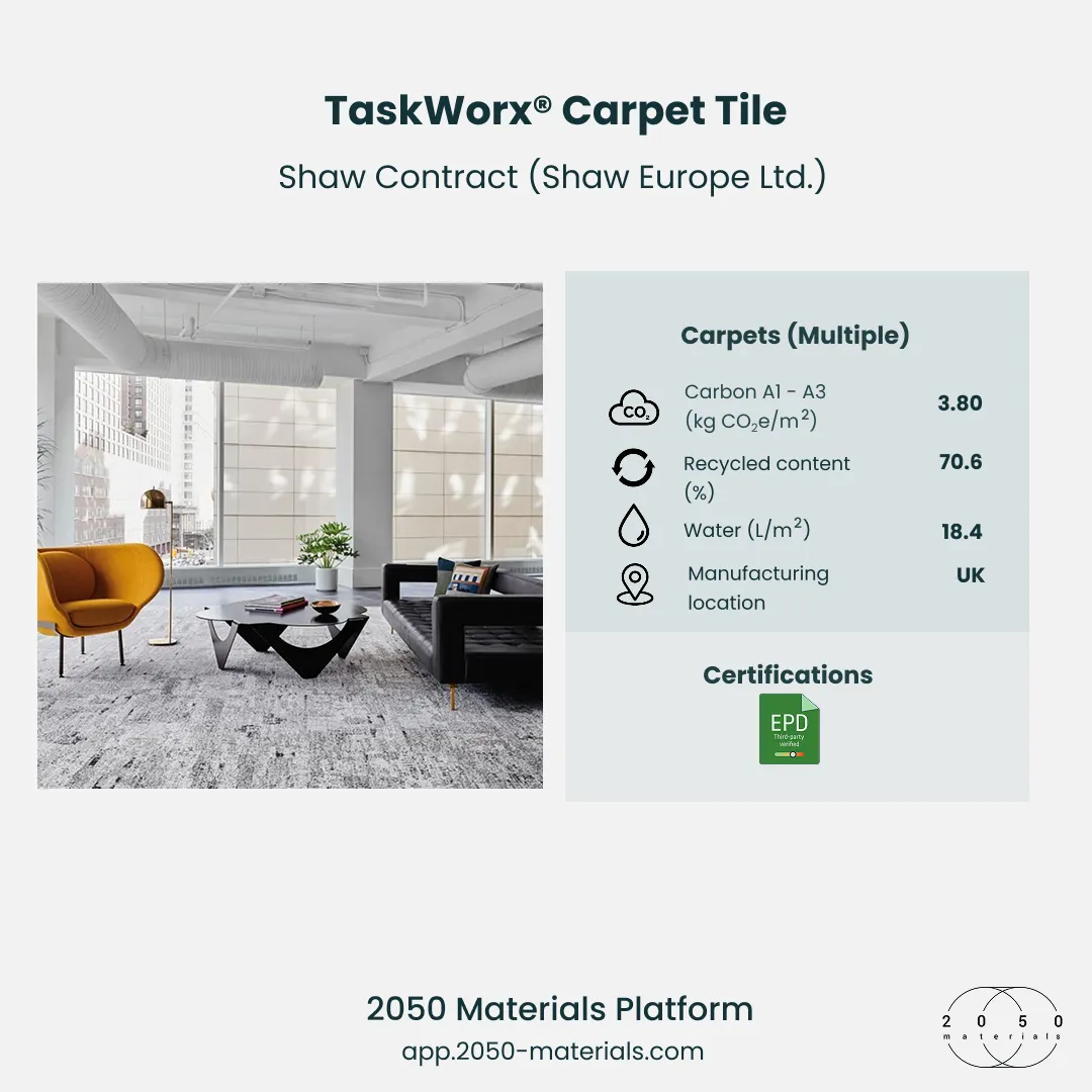 TaskWorx® carpet tile designed for durability and sustainability on 2050 Materials Platform