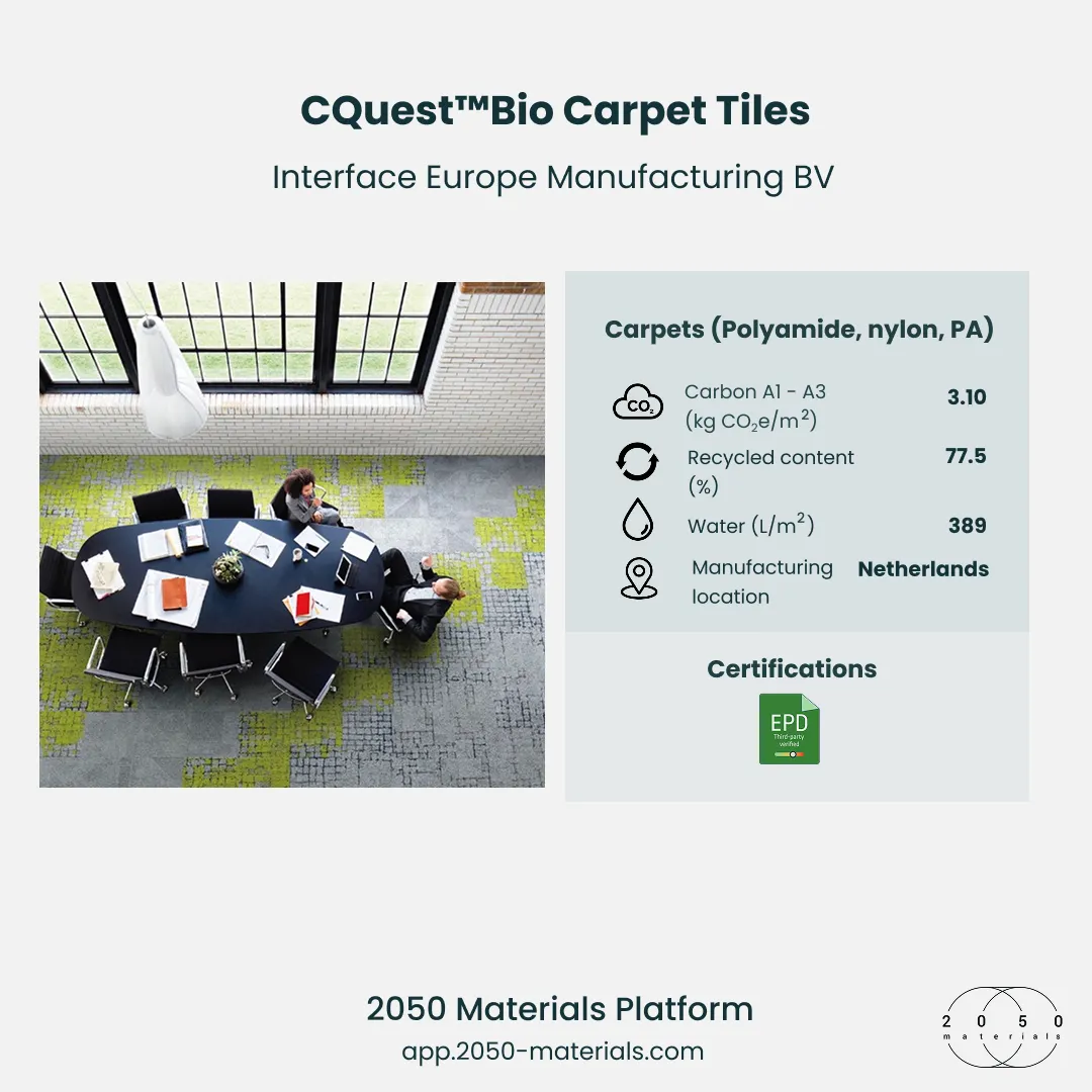CQuest™Bio carpet tiles with bio-based backing on 2050 Materials Platform