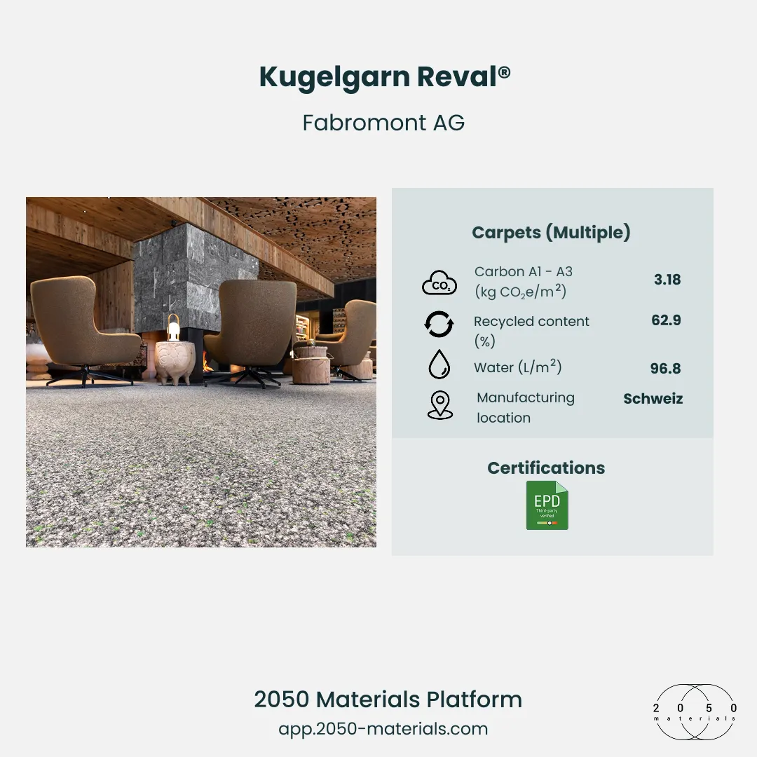 Kugelgarn Reval® textile flooring with recycled content on 2050 Materials Platform