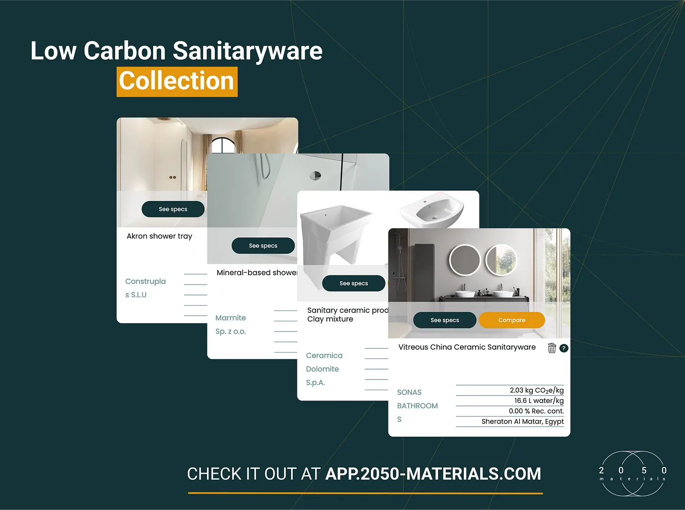 Low carbon sanitaryware collection on the 2050 Materials platform showcasing reduced-impact taps, toilets, and bathroom fixtures.