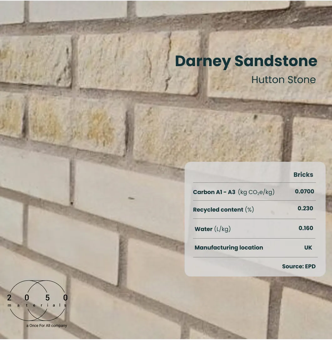 Darney Sandstone brick product listing on the 2050 Materials platform showing embodied carbon data