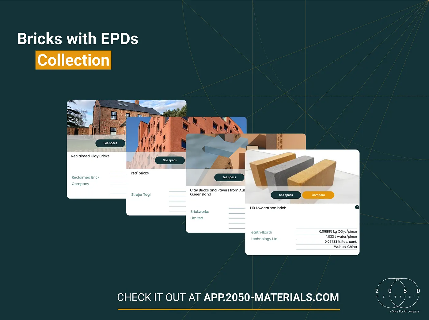 Curated collection of bricks with Environmental Product Declarations on the 2050 Materials platform