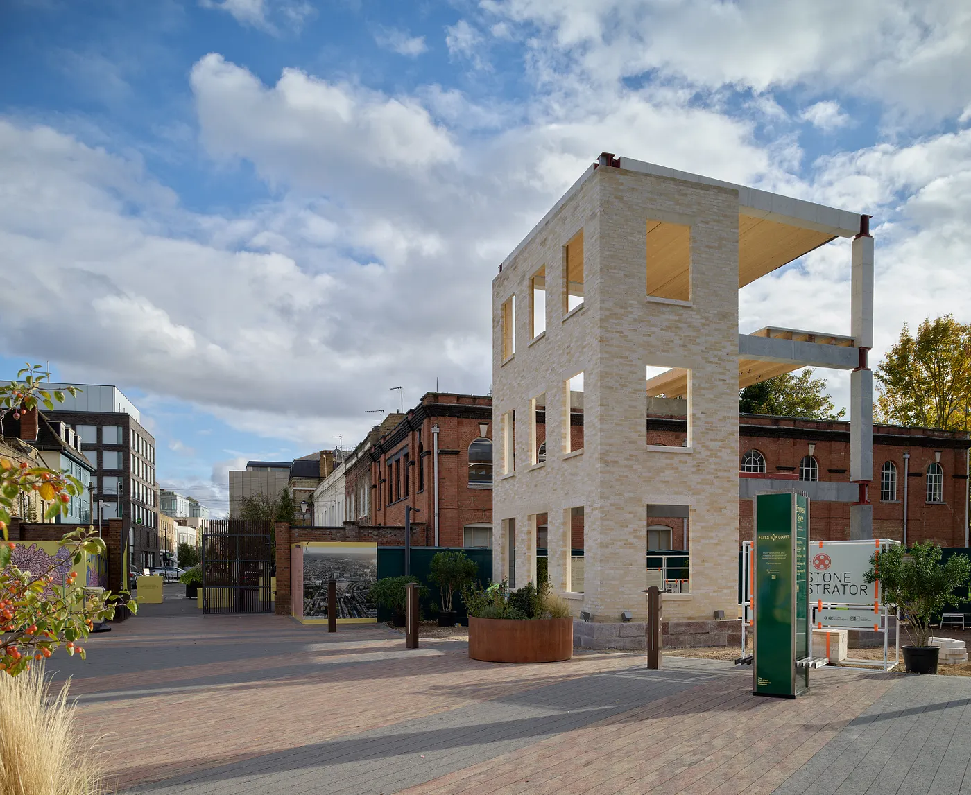 Stone Demonstrator structure built with natural stone bricks at Empress Space in London