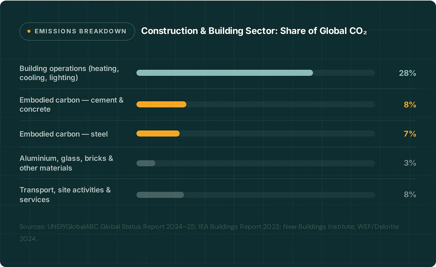Emissions breakdown of building materials showing contribution of cement to embodied carbon