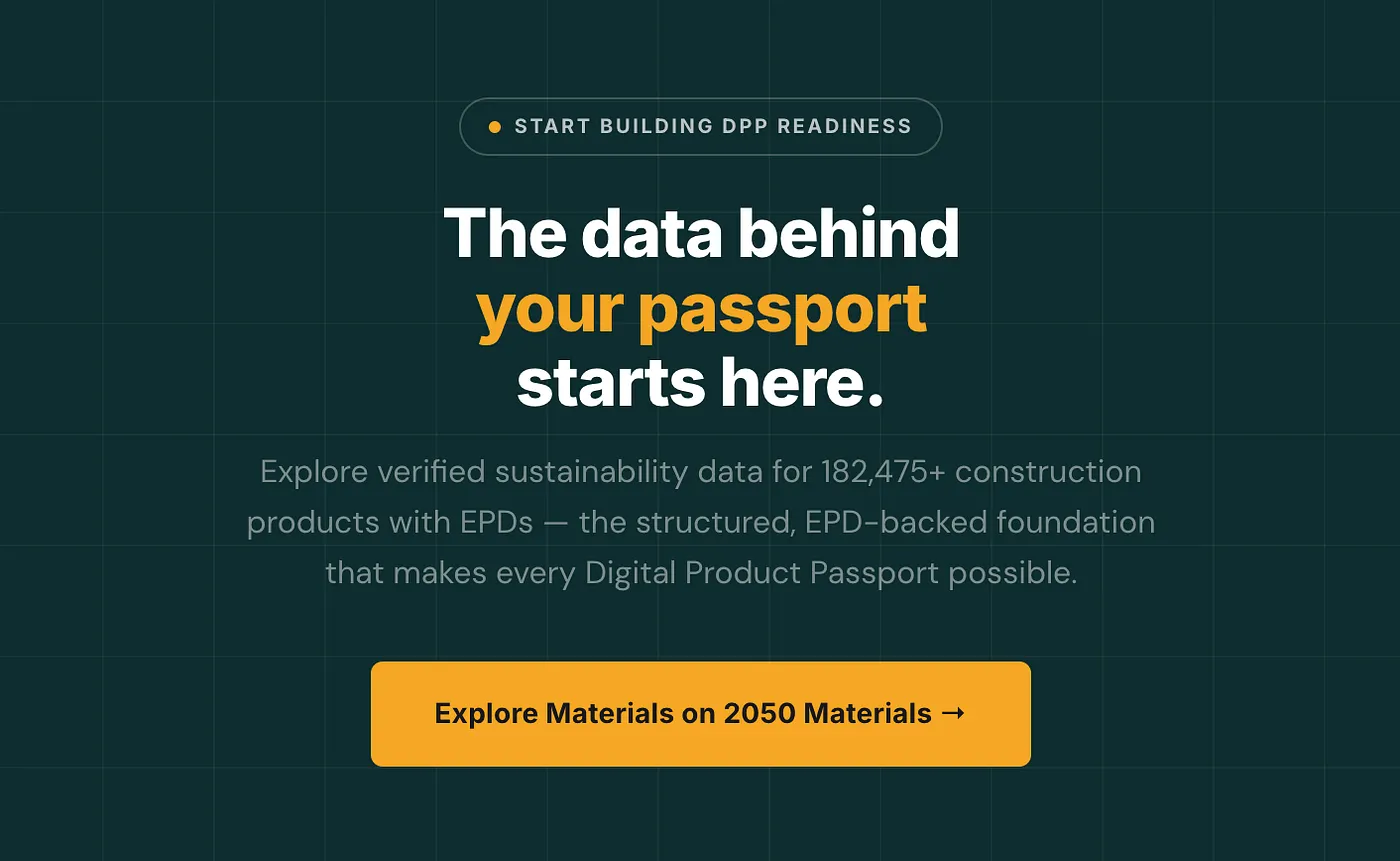Call-to-action graphic about Digital Product Passport readiness and exploring verified construction material data with EPDs
