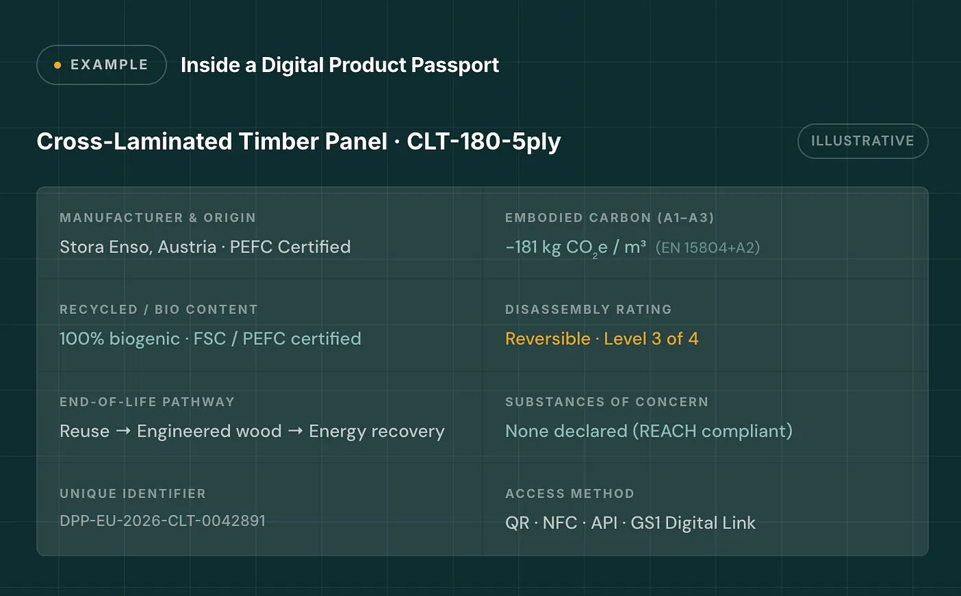 Example of a Digital Product Passport for cross-laminated timber panel showing embodied carbon, recycled content, disassembly rating, and lifecycle data