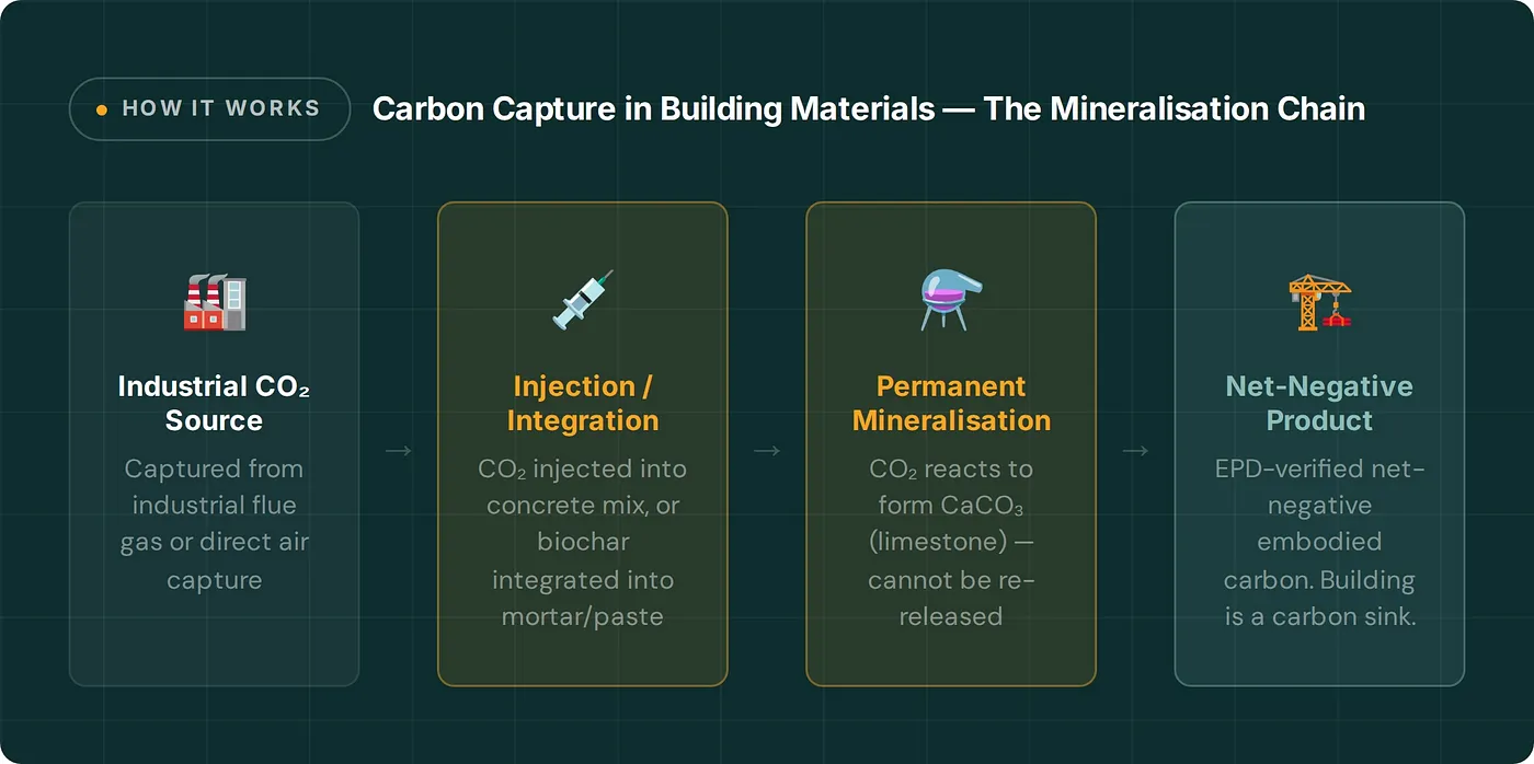 Carbon capture in building materials showing the mineralisation chain from CO2 source to net-negative product