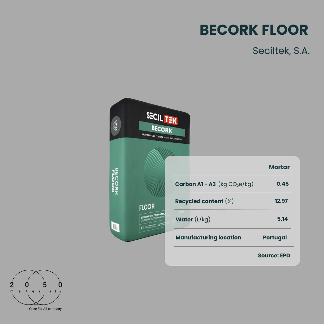 BECORK FLOOR cork based screed mortar by Seciltek with verified environmental data on the 2050 Materials platform