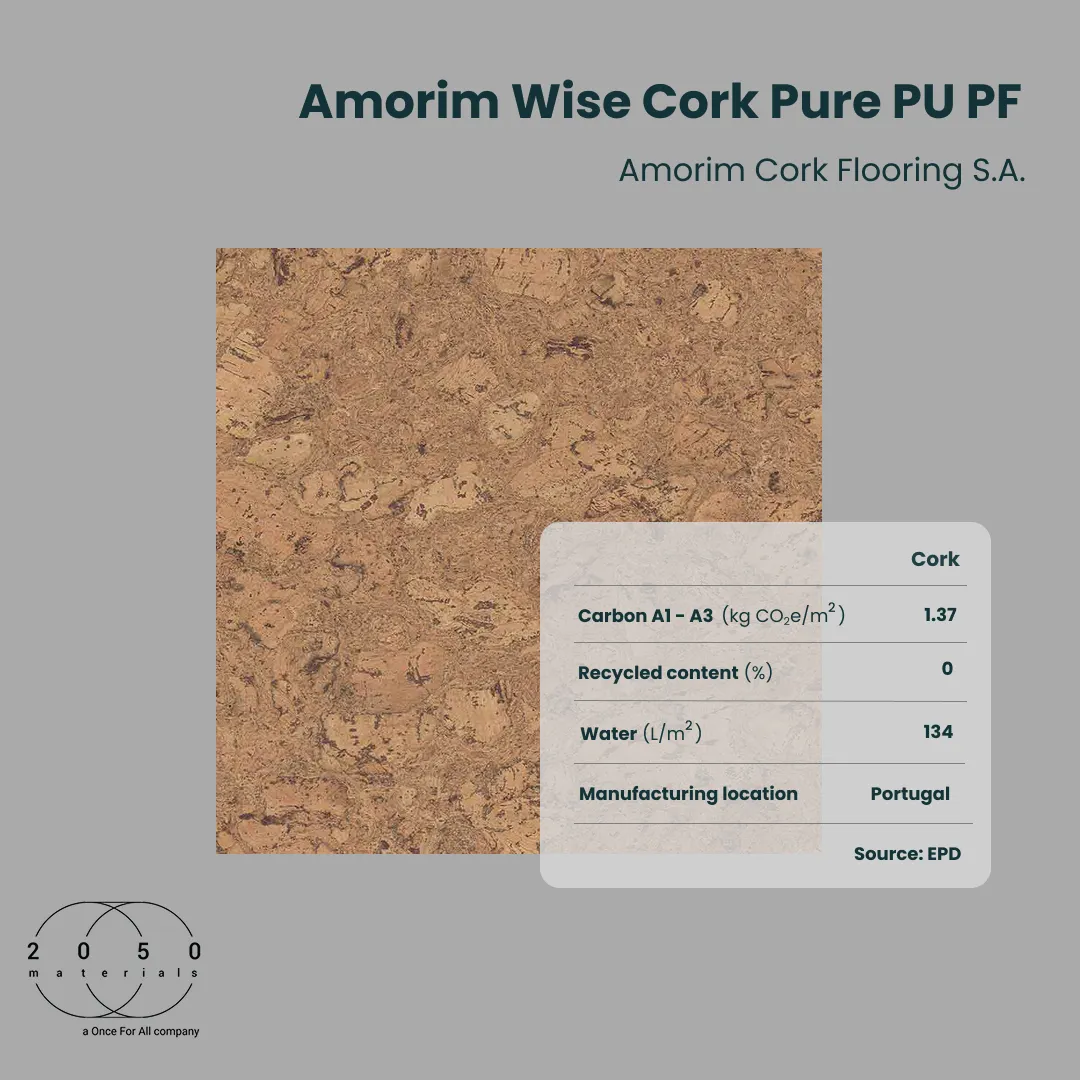 Amorim Wise Cork Pure PU PF residential cork flooring with verified environmental data on the 2050 Materials platform