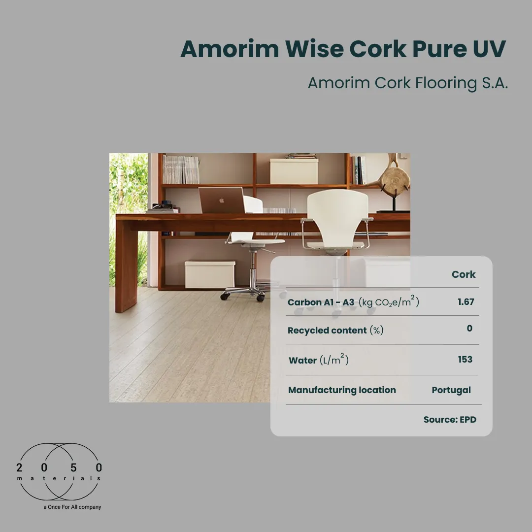 Amorim Wise Cork Pure UV commercial cork flooring with verified environmental data on the 2050 Materials platform