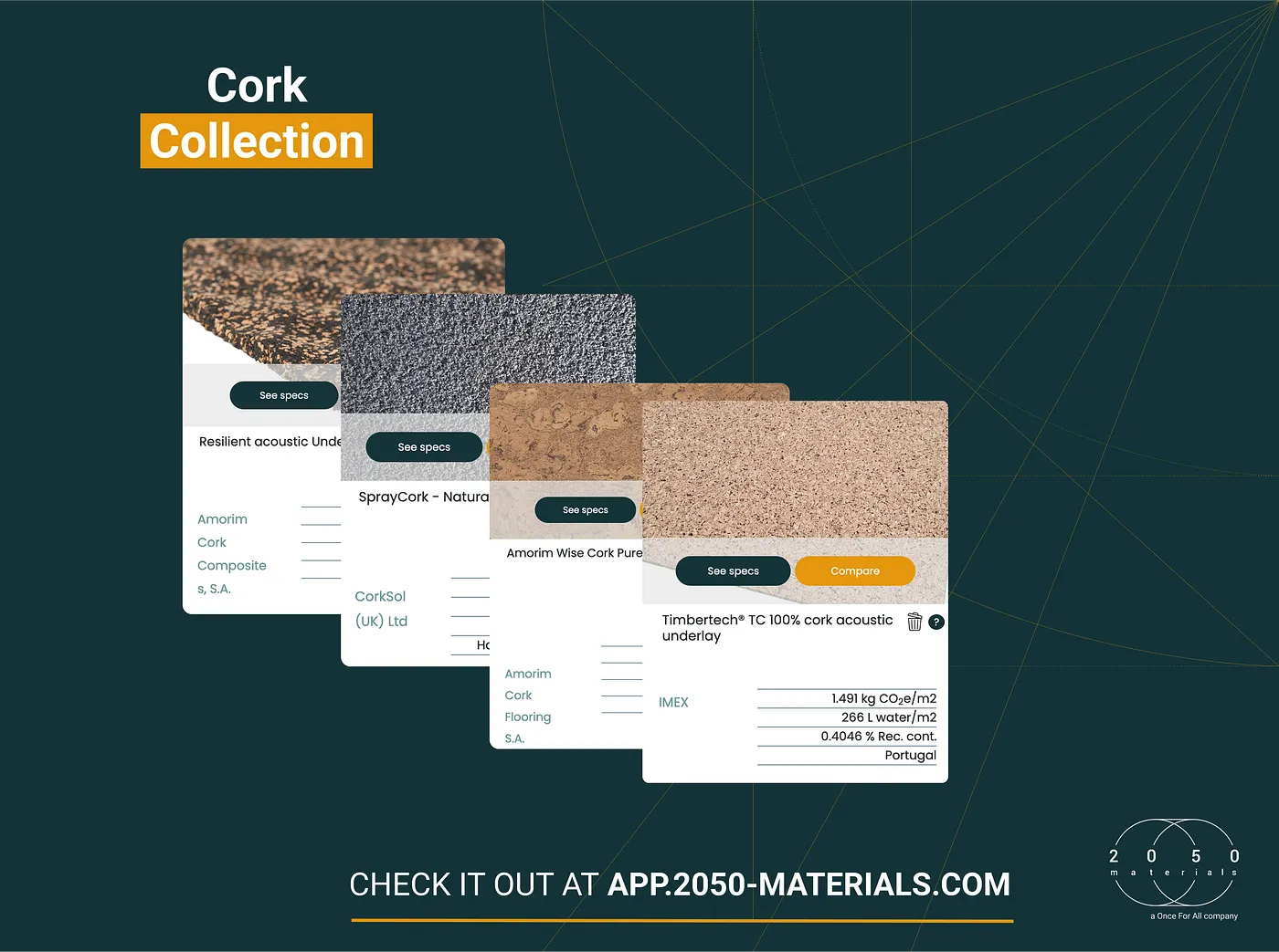 Resilient Cork Collection featuring ten low carbon cork building products with verified environmental data on the 2050 Materials platform