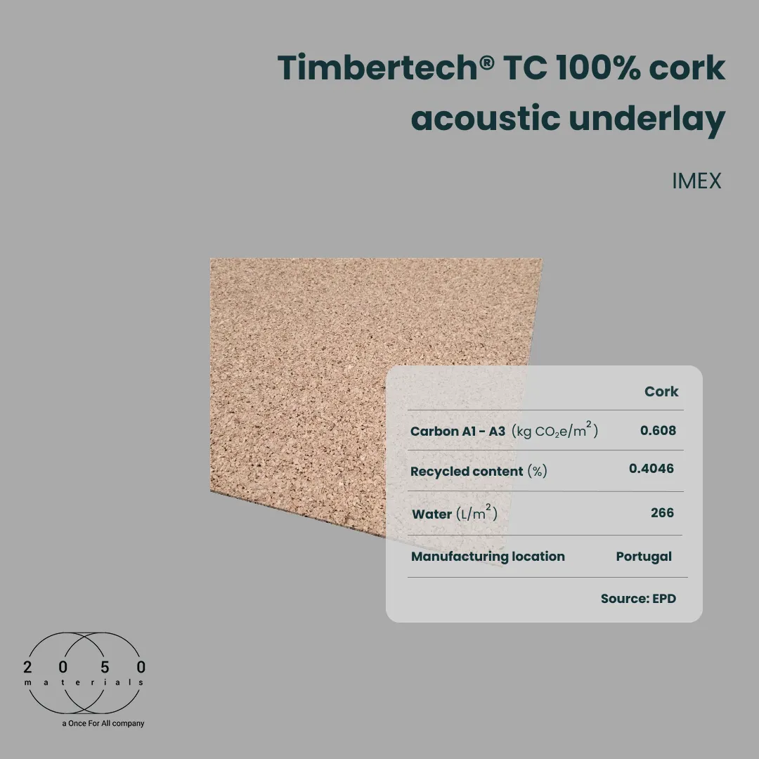 Timbertech TC 100% Cork Acoustic Underlay by IMEX with verified environmental data on the 2050 Materials platform