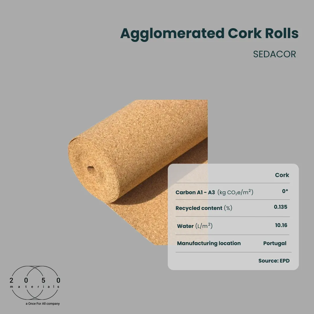 Agglomerated cork roll underlay by SEDACOR with verified environmental data on the 2050 Materials platform