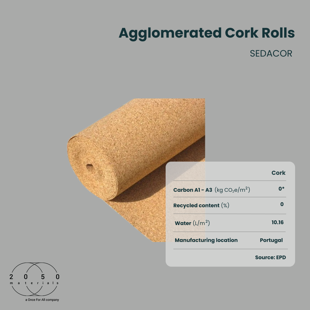 Agglomerated cork roll underlay by SEDACOR with verified environmental data on the 2050 Materials platform