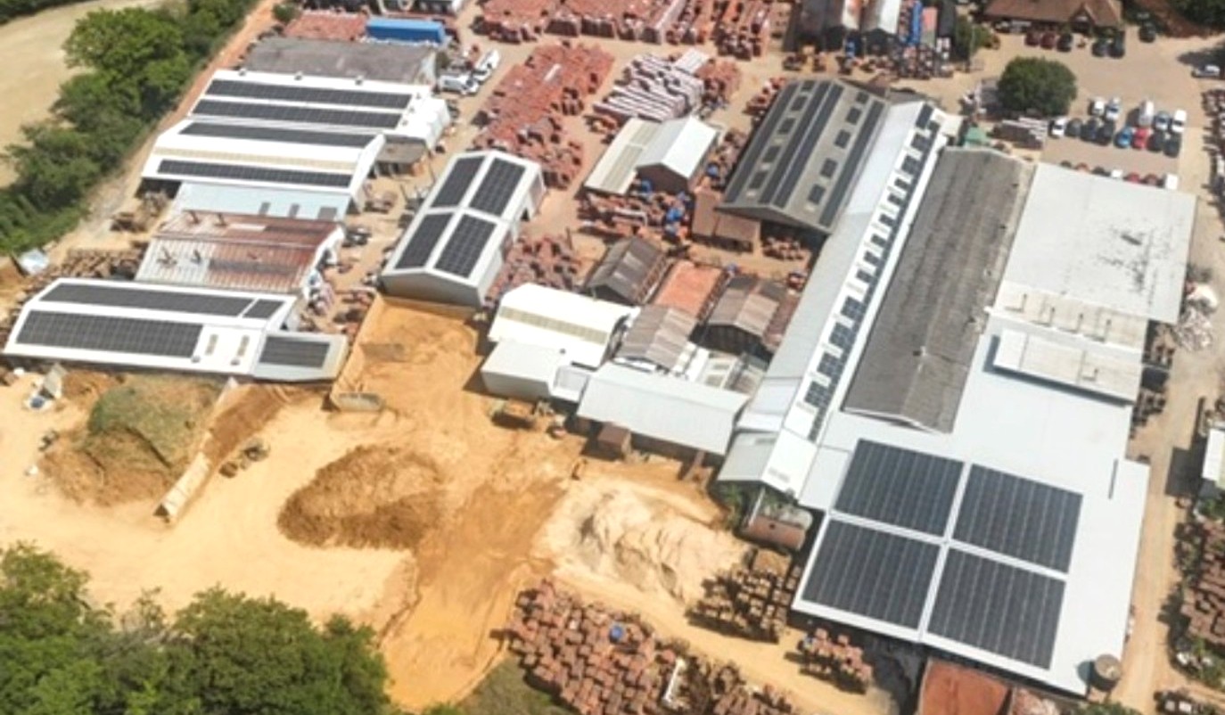 Aerial view of the 300kW solar PV installation on H.G. Matthews' Brickworks roof in Bellingdon
