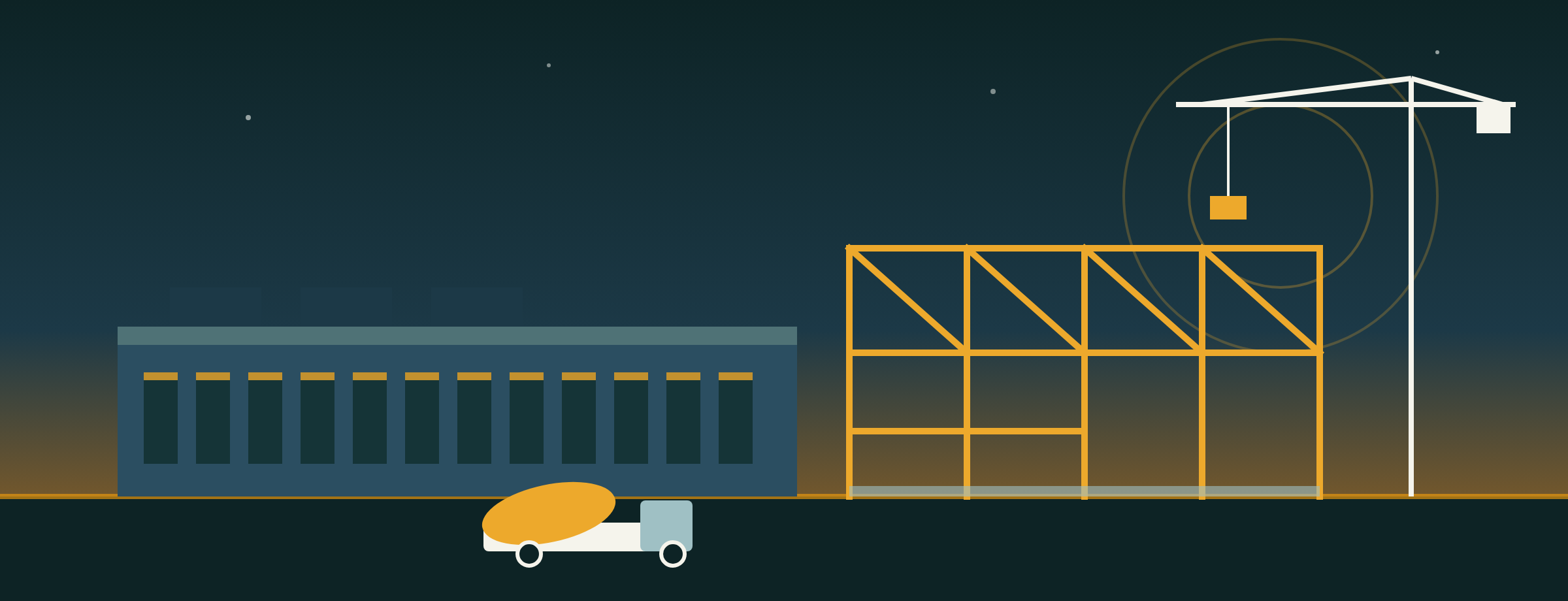 Illustration of a data center under construction, with a finished hall, a steel frame going up, a crane and a concrete truck