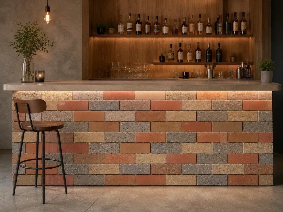 A bar front clad in e4E brick slips in grey, cream, orange and red