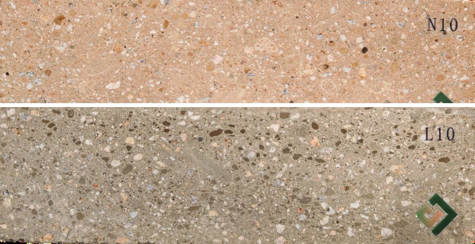 An e4E N10 cut brick slip above an L10 cut brick slip