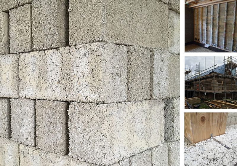 Stacked hempcrete blocks from The Hemp Block Company at a wall corner, with installation details