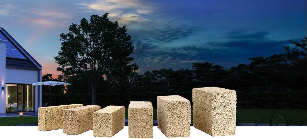 Hempcrete blocks of several thicknesses in front of a contemporary home