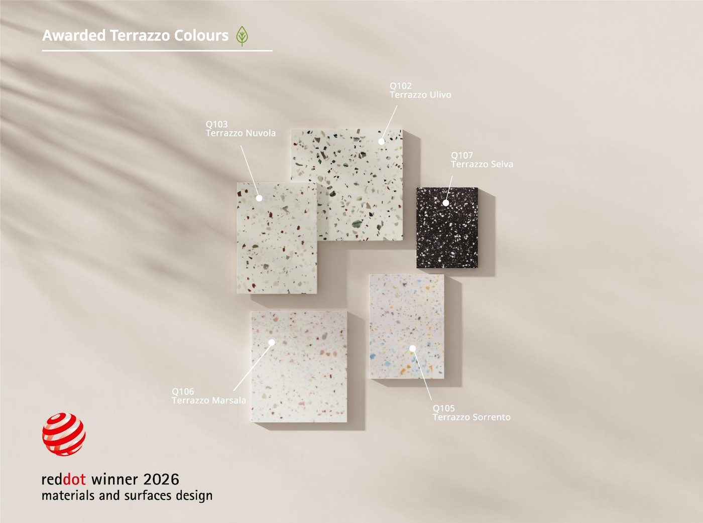 The five Red Dot 2026 winning HIMACS Terrazzo colours: Q102 Ulivo, Q103 Nuvola, Q105 Sorrento, Q106 Marsala and Q107 Selva
