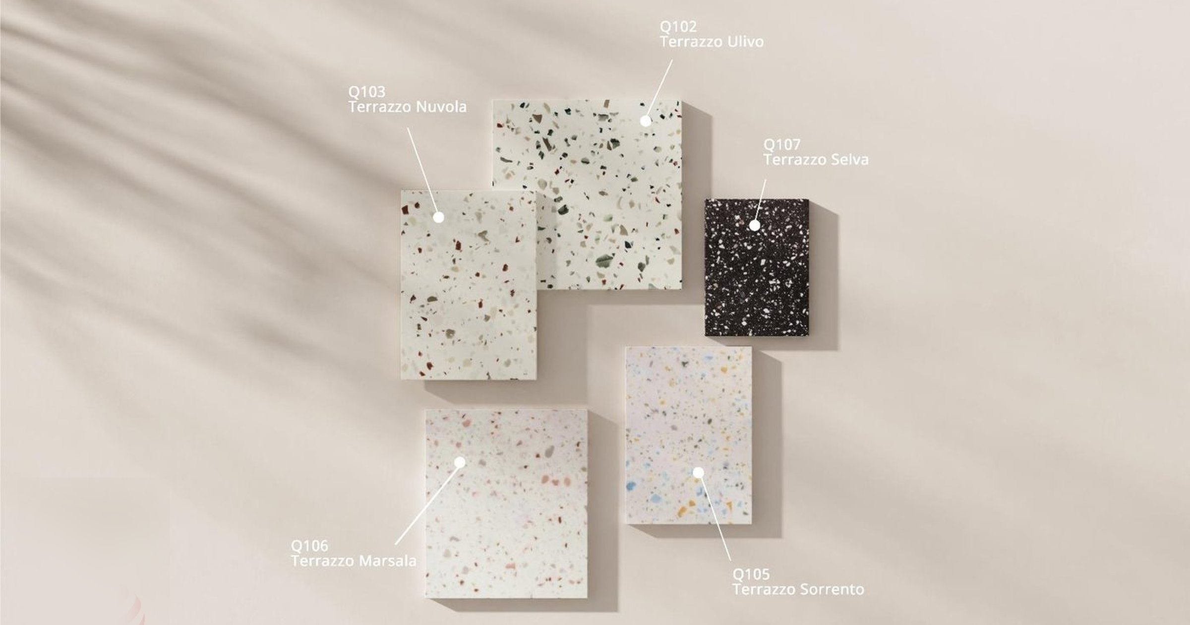 HIMACS Terrazzo colours Q102 Ulivo, Q103 Nuvola, Q105 Sorrento, Q106 Marsala and Q107 Selva, Red Dot 2026 winners