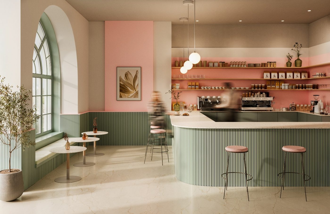 Terrazzo Ulivo countertop and Lafayette Green fluted fascia in a café application